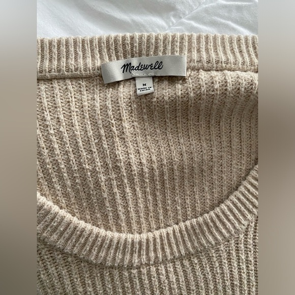 Madewell- cotton blend crewneck boxy fit cream beige ribbed sweater front pocket - Picture 2 of 12